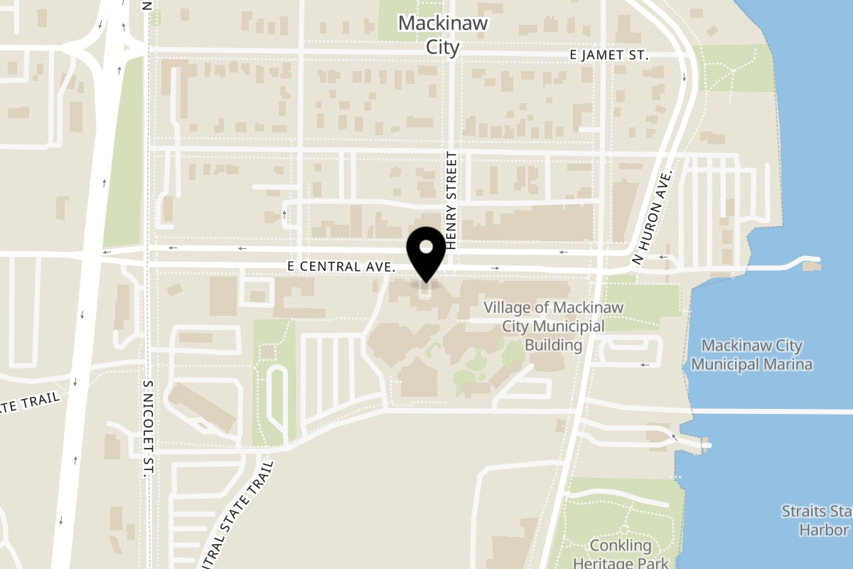 Map showing the location of Scalawags Whitefish & Chips Mackinaw City, MI on 226 East Central Avenue in Mackinaw City